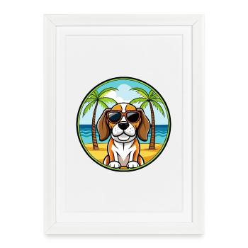 Beagle Harrier Chien Race Dessin Animé Lunettes de soleil Plage - Affiche encadrée (27 × 37 cm) - blanc - Devant