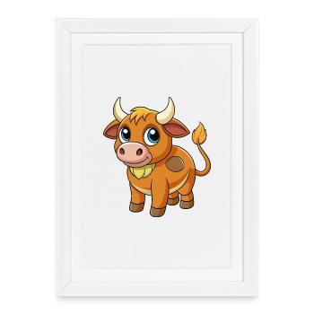 Taureau mignon mascotte personnage de dessin animé Kawaii - Affiche encadrée (27 × 37 cm) - blanc - Devant