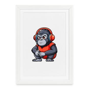 Gorille Funny Cartoon Character Musique de casque - Affiche encadrée (27 × 37 cm) - blanc - Devant