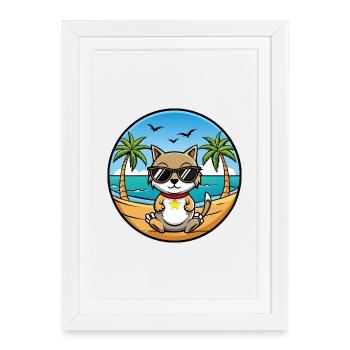 Chypre Chat Race Dessin Animé Lunettes De Soleil Plage - Affiche encadrée (27 × 37 cm) - blanc - Devant
