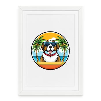 St Bernard Chien Race Dessin Animé Lunettes De Soleil Plage - Affiche encadrée (27 × 37 cm) - blanc - Devant