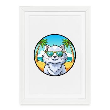 Blanc Chat Persan Race Dessin Animé Plage - Affiche encadrée (27 × 37 cm) - blanc - Devant
