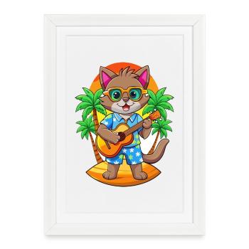 Drôle Chat Dessin Animé Plage D’été Lunettes De Soleil Guitare - Affiche encadrée (27 × 37 cm) - blanc - Devant