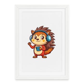 hérisson drôle de personnage de dessin animé musique de casque - Affiche encadrée (27 × 37 cm) - blanc - Devant