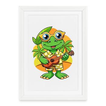 Drôle Grenouille Dessin Animé Plage D’été Lunettes De Soleil Guitare - Affiche encadrée (27 × 37 cm) - blanc - Devant