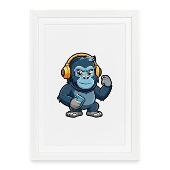 Gorille Funny Cartoon Character Musique de casque - Affiche encadrée (27 × 37 cm) - blanc - Devant
