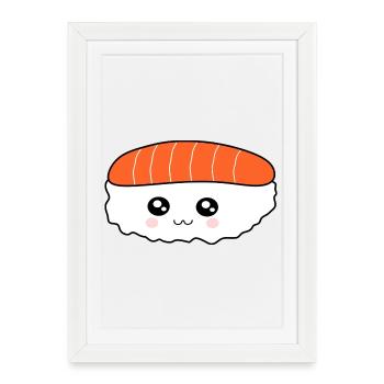 Kawaii, Nigiri, Saumon, Poisson, Riz, Cuisine japonaise - Affiche encadrée (27 × 37 cm) - blanc - Devant