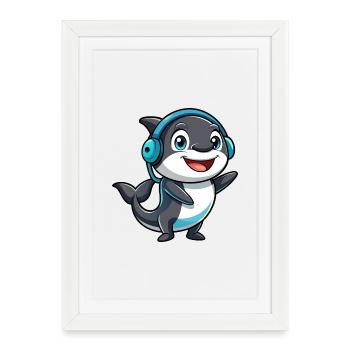 Orca Funny Cartoon Character Musique de casque - Affiche encadrée (27 × 37 cm) - blanc - Devant