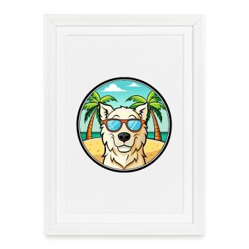 Hungarian Kuvasz Dog Breed Cartoon Sunglass Beach - Framed poster (27 × 37 cm) - white - Front