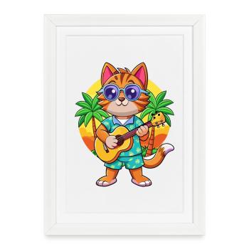 Drôle Chat Dessin Animé Plage D’été Lunettes De Soleil Guitare - Affiche encadrée (27 × 37 cm) - blanc - Devant