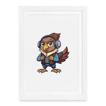 Hawk Funny Cartoon Character Musique de casque - Affiche encadrée (27 × 37 cm) - blanc - Devant