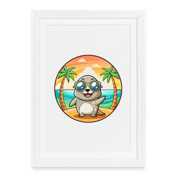 Lunettes de soleil de plage d’été de dessin animé drôle de phoque - Affiche encadrée (27 × 37 cm) - blanc - Devant