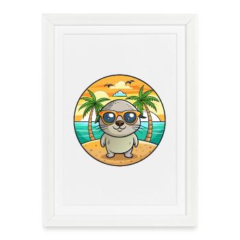 Lunettes de soleil de plage d’été de dessin animé drôle de phoque - Affiche encadrée (27 × 37 cm) - blanc - Devant