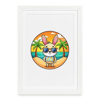 Lapin Drôle Dessin Animé Plage Été Lunettes de soleil - Affiche encadrée (27 × 37 cm) - blanc - Devant