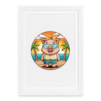 Cochon Drôle Dessin Animé Plage De Plage Lunettes - Affiche encadrée (27 × 37 cm) - blanc - Devant