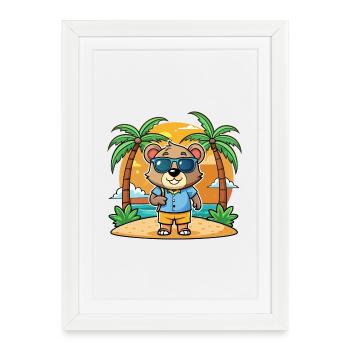 Ours Dessin Animé Drôle Été Plage Lunettes de Soleil - Affiche encadrée (27 × 37 cm) - blanc - Devant