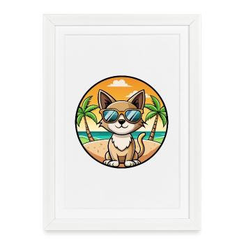Siamois Shorthair Cat Breed Cartoon Sunglass Beach - Affiche encadrée (27 × 37 cm) - blanc - Devant