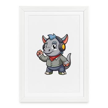 Rhino Funny Cartoon Character Musique de casque - Affiche encadrée (27 × 37 cm) - blanc - Devant
