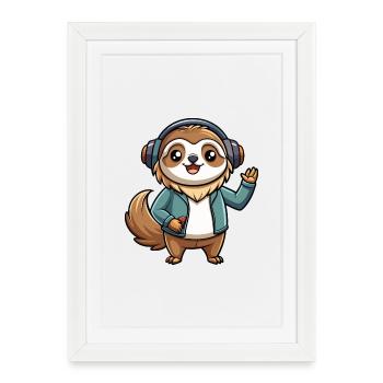 Sloth Funny Cartoon Character Headphone Music - Framed poster (27 × 37 cm) - white - Front