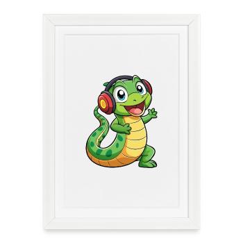 Serpent Drôle Dessin Animé Personnage Casque Musique - Affiche encadrée (27 × 37 cm) - blanc - Devant