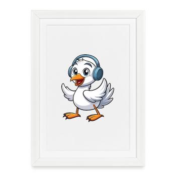 Cygne Drôle Personnage De Dessin Animé Casque Musique - Affiche encadrée (27 × 37 cm) - blanc - Devant