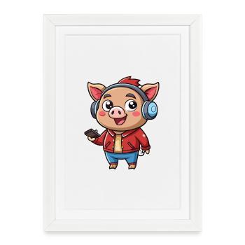Cochon Drôle Dessin Animé Personnage Casque Musique - Affiche encadrée (27 × 37 cm) - blanc - Devant