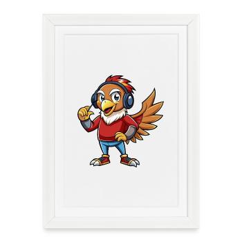 Hawk Funny Cartoon Character Musique de casque - Affiche encadrée (27 × 37 cm) - blanc - Devant