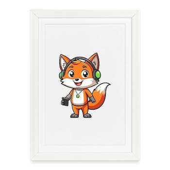 Fox Funny Cartoon Character Musique de casque - Affiche encadrée (27 × 37 cm) - blanc - Devant