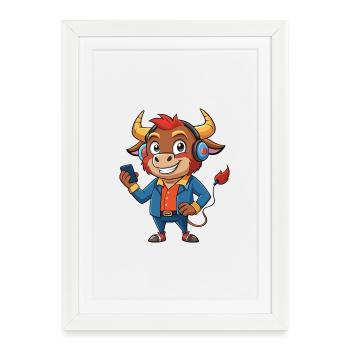 Bull Funny Cartoon Character Musique de casque - Affiche encadrée (27 × 37 cm) - blanc - Devant