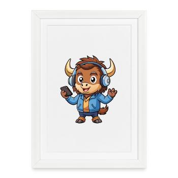 Buffalo drôle dessin animé personnage casque musique - Affiche encadrée (27 × 37 cm) - blanc - Devant