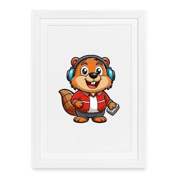 Beaver Funny Cartoon Character Headphone Music - Framed poster (27 × 37 cm) - white - Front