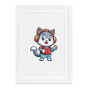 Chat Drôle Dessin Animé Personnage Casque Musique - Affiche encadrée (27 × 37 cm) - blanc - Devant