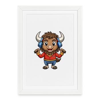 Bison Funny Cartoon Character Casque Musique - Affiche encadrée (27 × 37 cm) - blanc - Devant