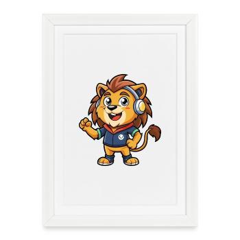 Lion Funny Cartoon Character Musique de casque - Affiche encadrée (27 × 37 cm) - blanc - Devant