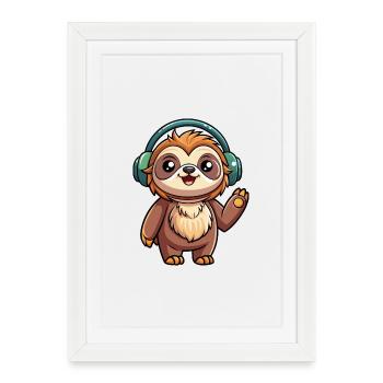 Sloth Funny Cartoon Character Headphone Music - Framed poster (27 × 37 cm) - white - Front
