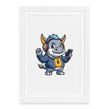 Rhino Funny Cartoon Character Musique de casque - Affiche encadrée (27 × 37 cm) - blanc - Devant