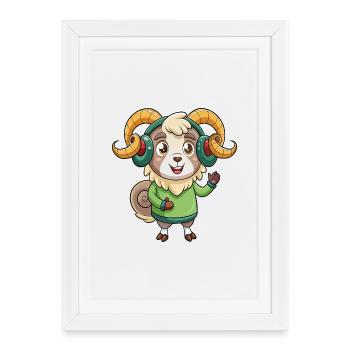 Ram Funny Cartoon Character Headphone Music - Framed poster (27 × 37 cm) - white - Front