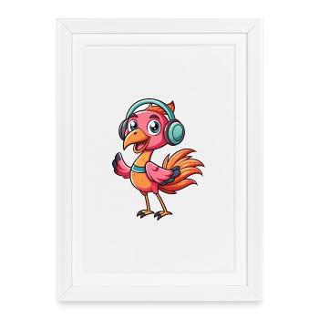 Flamingo Funny Cartoon Character Musique de casque - Affiche encadrée (27 × 37 cm) - blanc - Devant