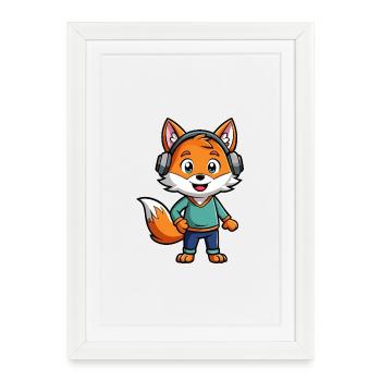 Fox Funny Cartoon Character Musique de casque - Affiche encadrée (27 × 37 cm) - blanc - Devant