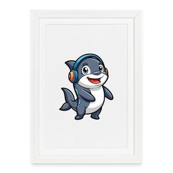 Orca Funny Cartoon Character Musique de casque - Affiche encadrée (27 × 37 cm) - blanc - Devant