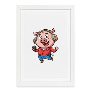 Cochon Drôle Dessin Animé Personnage Casque Musique - Affiche encadrée (27 × 37 cm) - blanc - Devant