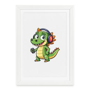 Crocodile Drôle Dessin Animé Personnage Casque Musique - Affiche encadrée (27 × 37 cm) - blanc - Devant