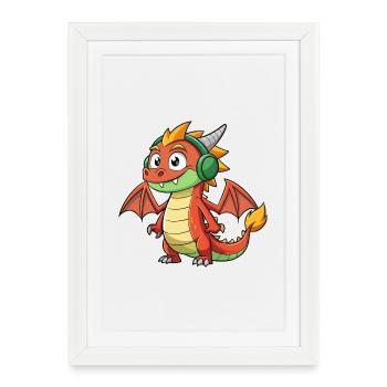 Dragon Funny Cartoon Character Musique de casque - Affiche encadrée (27 × 37 cm) - blanc - Devant