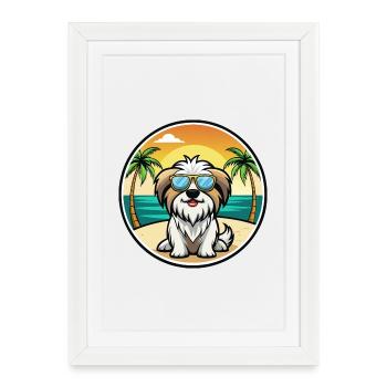 Tibetan Kyi Apso Dog Breed Cartoon Sunglass Beach - Framed poster (27 × 37 cm) - white - Front