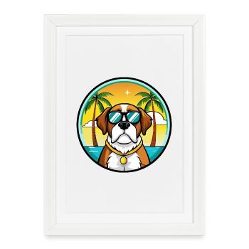 St Bernard Chien Race Dessin Animé Lunettes De Soleil Plage - Affiche encadrée (27 × 37 cm) - blanc - Devant