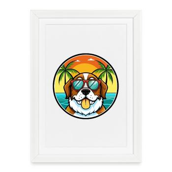 Saint Bernard Chien Race Dessin Animé Lunettes De Soleil Plage - Affiche encadrée (27 × 37 cm) - blanc - Devant