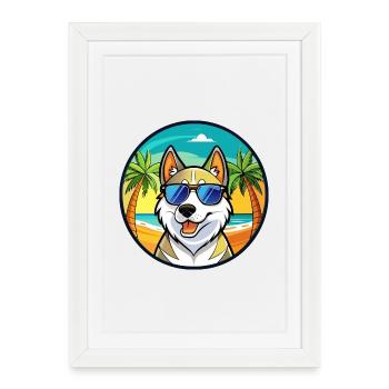 Russian European Laika Dog Breed Cartoon Beach - Framed poster (27 × 37 cm) - white - Front