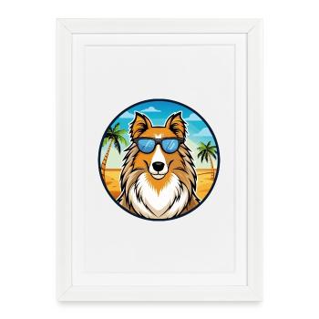 Rough Collie Chien Race Dessin Animé Lunettes De Soleil Plage - Affiche encadrée (27 × 37 cm) - blanc - Devant