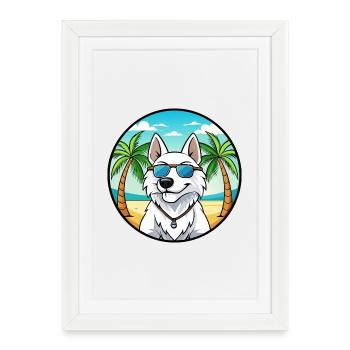 White Shepherd Dog Breed Cartoon Sunglasses Beach - Framed poster (27 × 37 cm) - white - Front