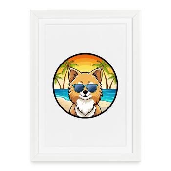 Lunettes de soleil de poméranie de race de chien de dessin animé plage - Affiche encadrée (27 × 37 cm) - blanc - Devant